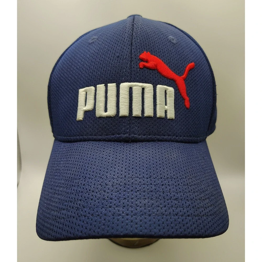 Puma Mens Navy Blue Mesh Stretch Fit Baseball Hat Embroidered Logo Size L/XL